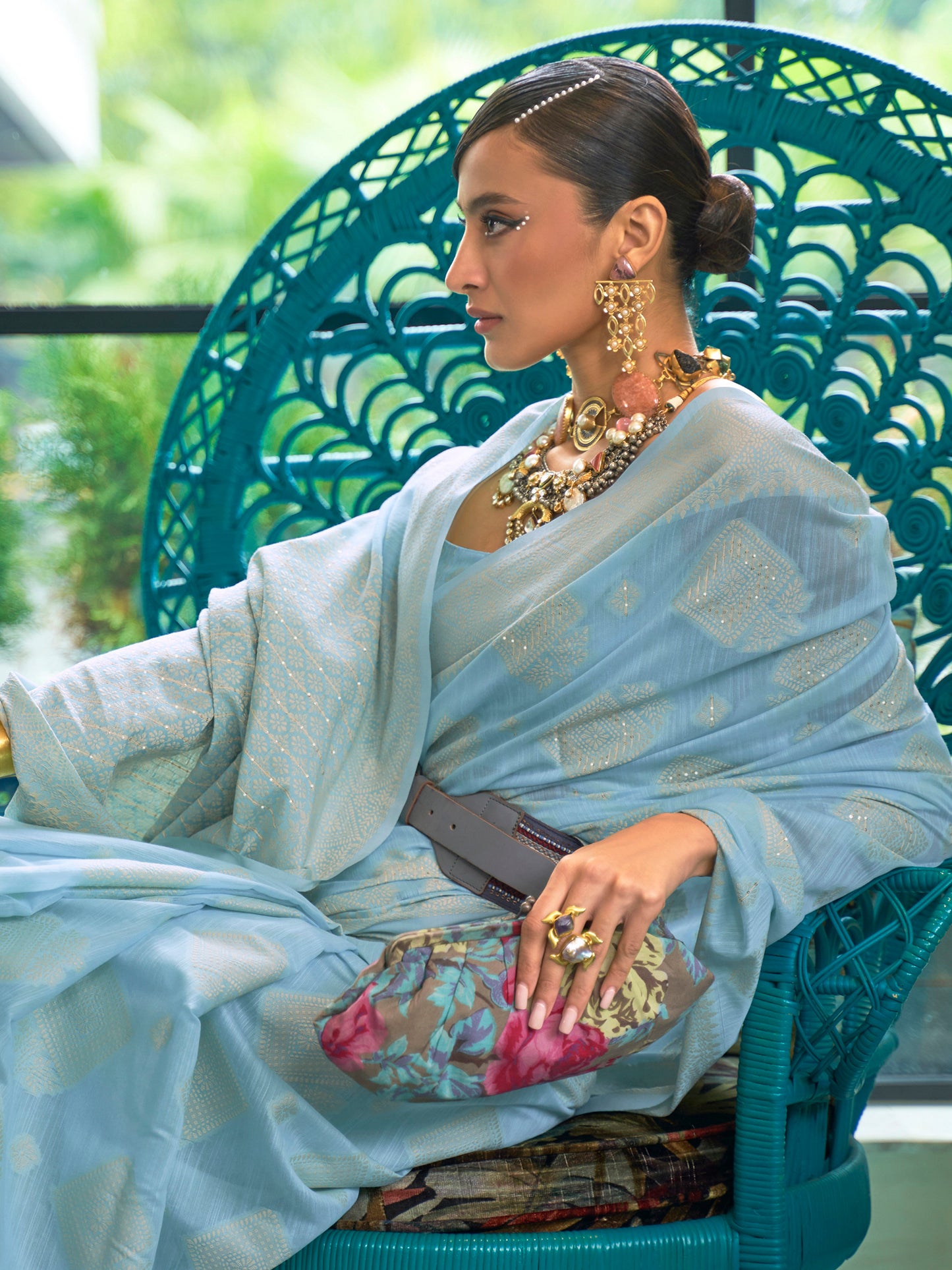 Powder Blue Weaved Lucknowi Chikankari Saree