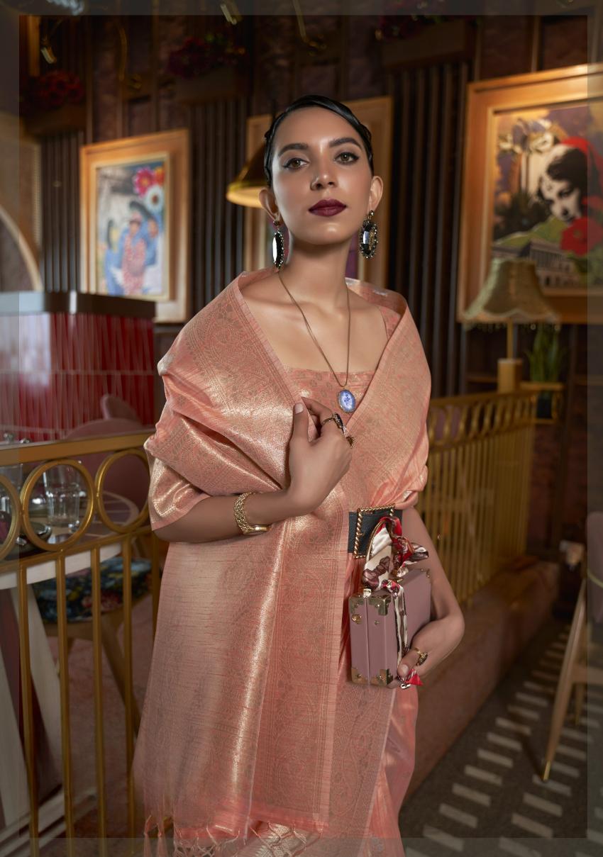 Bloom Peach Handloom Woven Silk Saree