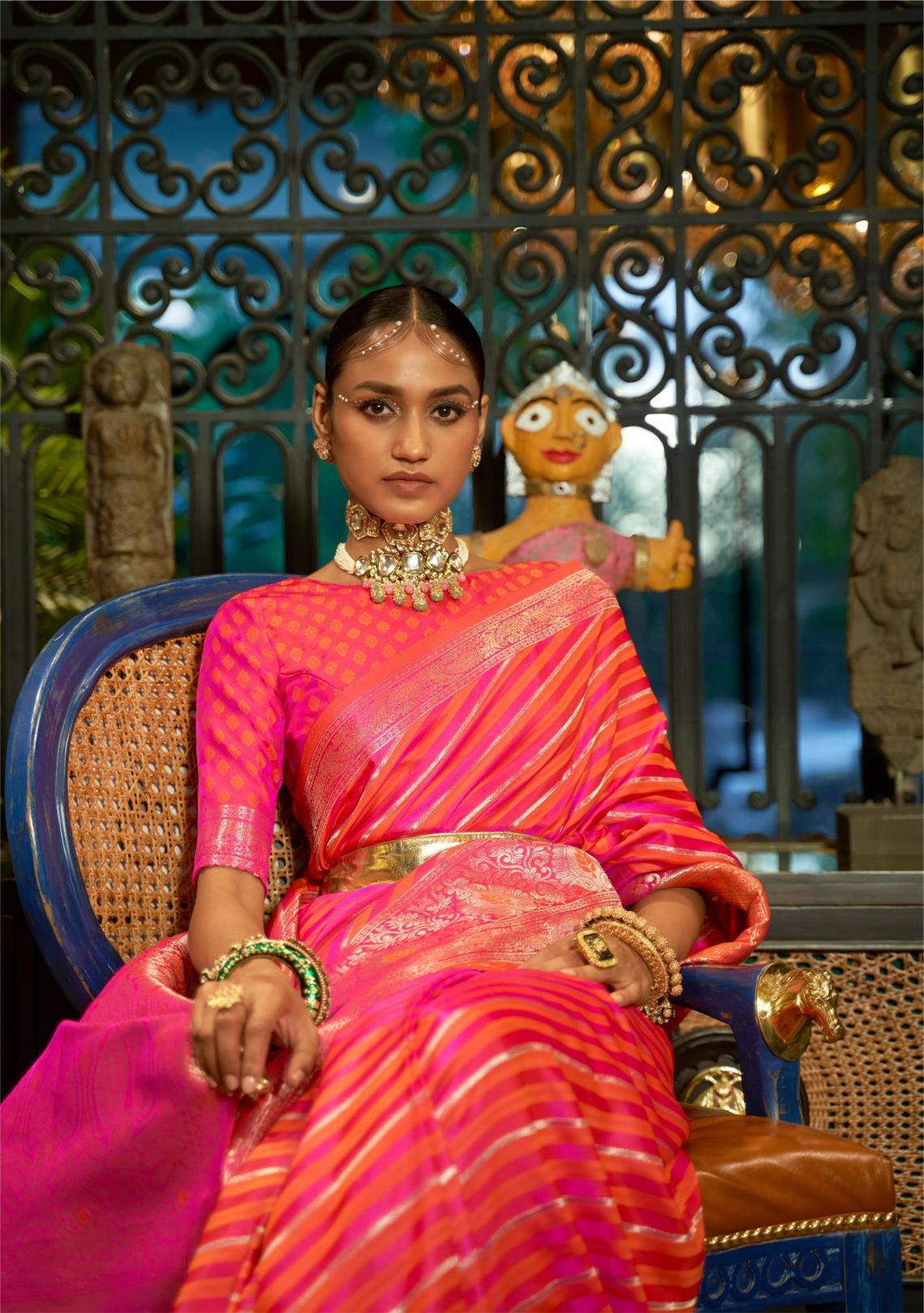 Bright Pink & Orange Striped Satin Silk Saree