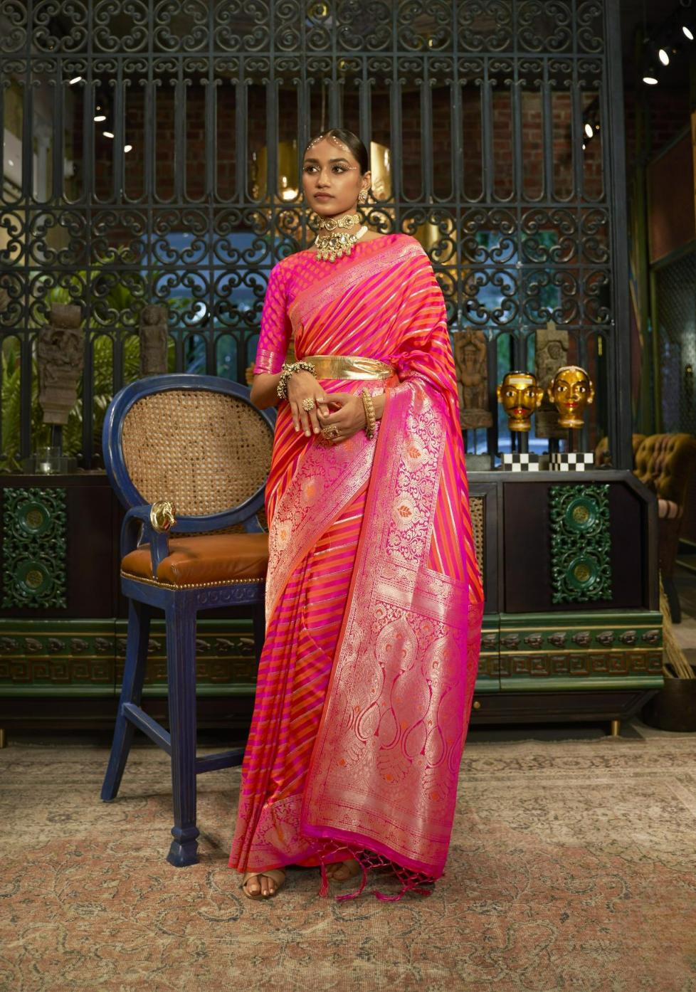 Bright Pink & Orange Striped Satin Silk Saree