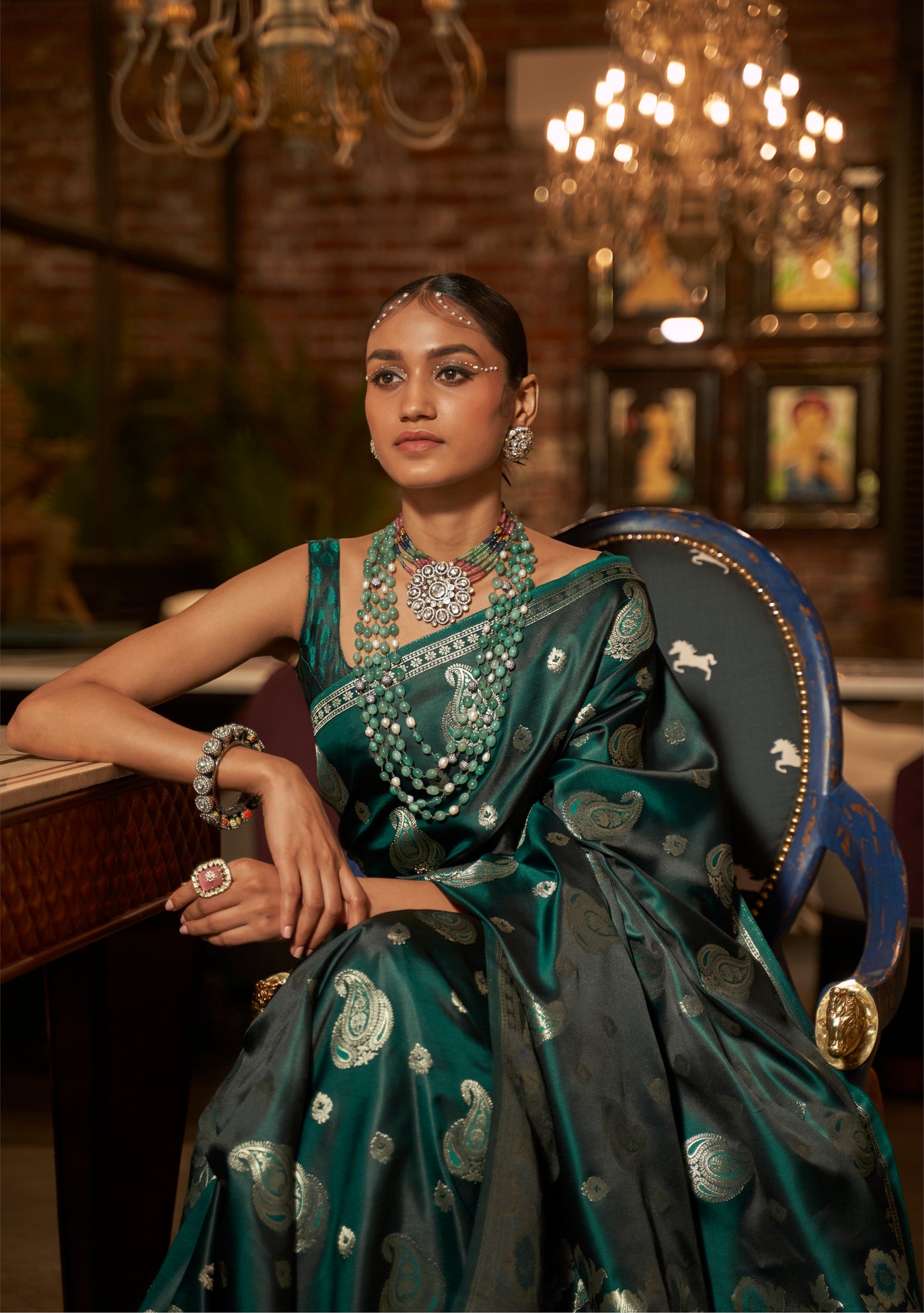 Juniper Green Satin Silk Saree