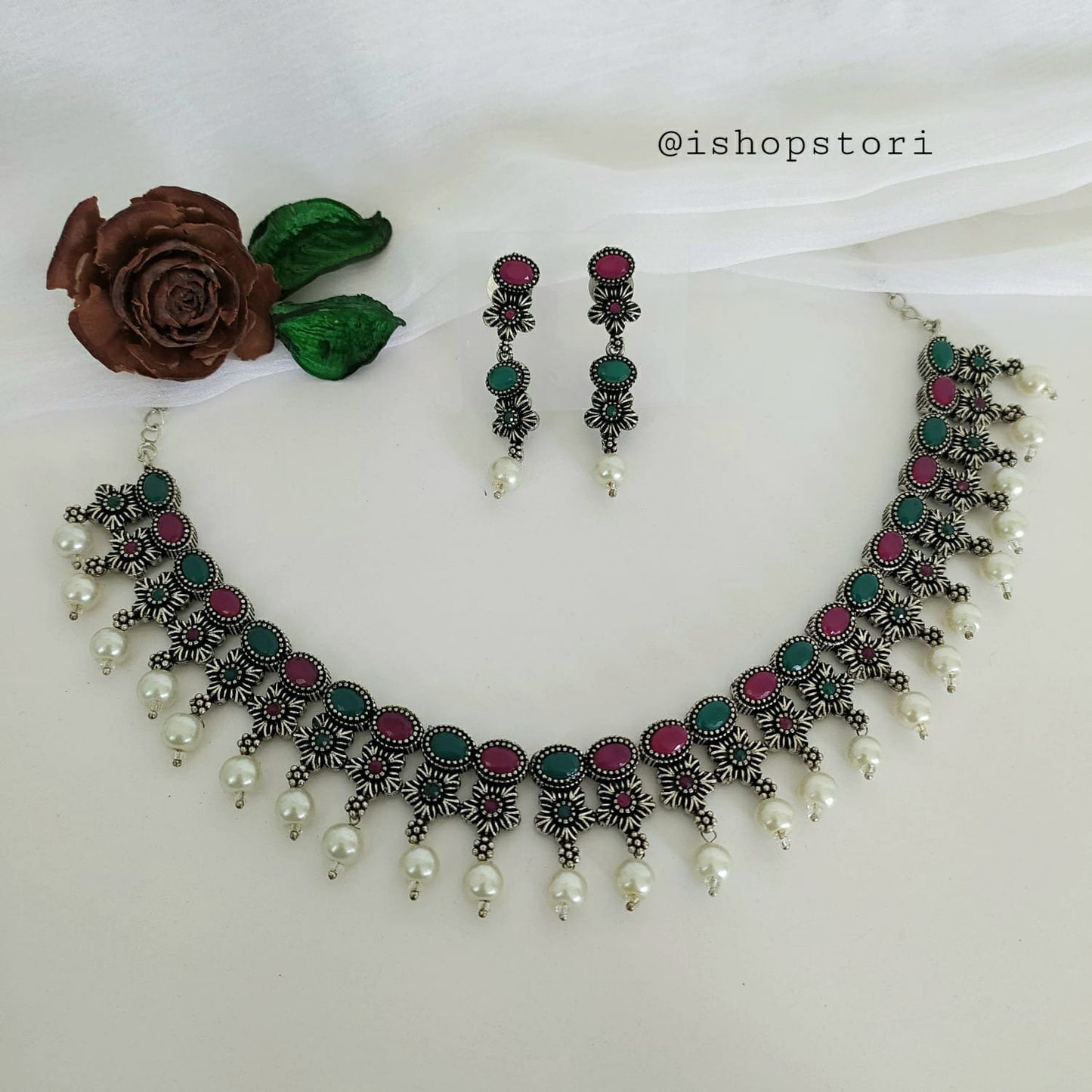 Mandira Stones & Pearls Oxidised Necklace Set