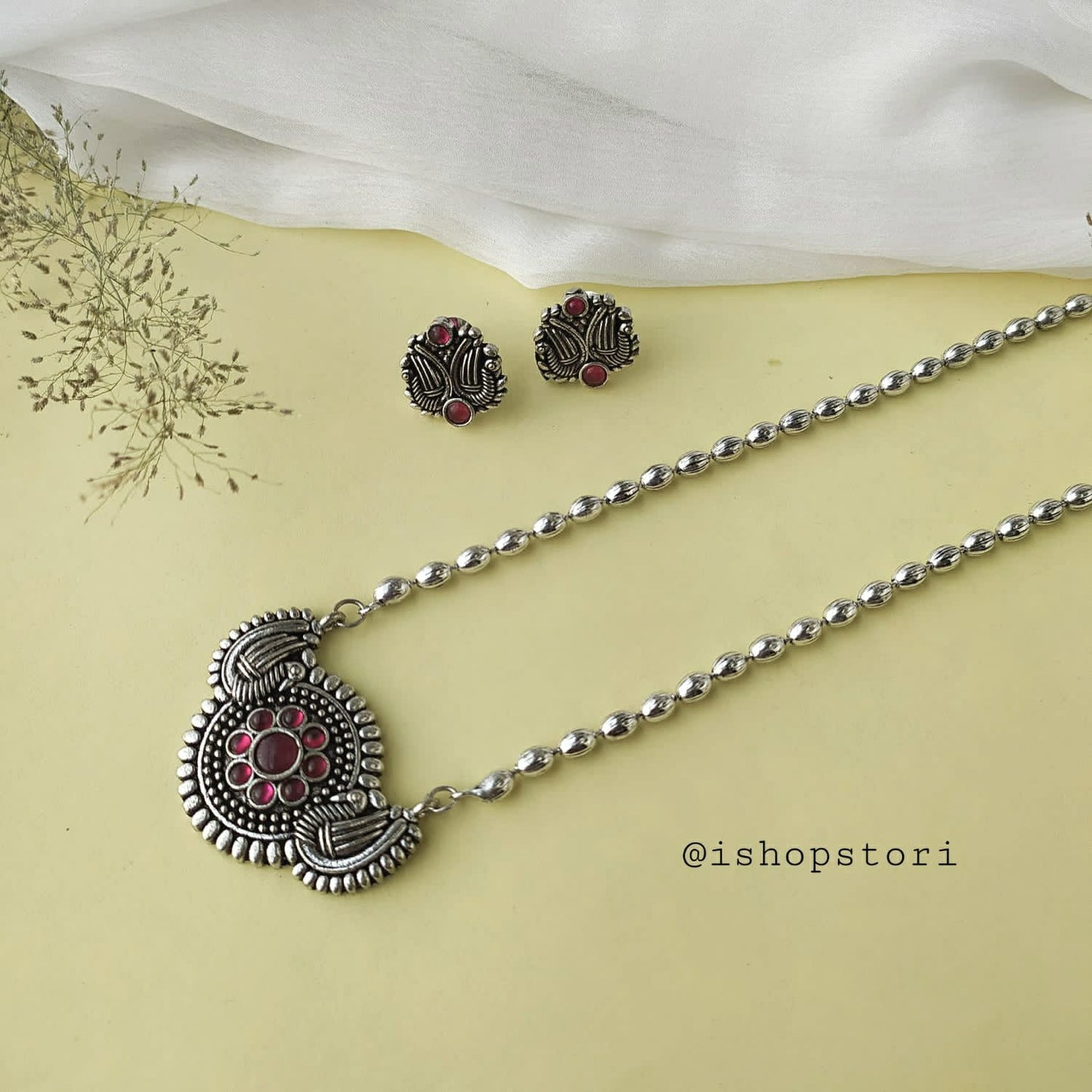 Taksha Peacock Pendant Oxidised Long Necklace Set