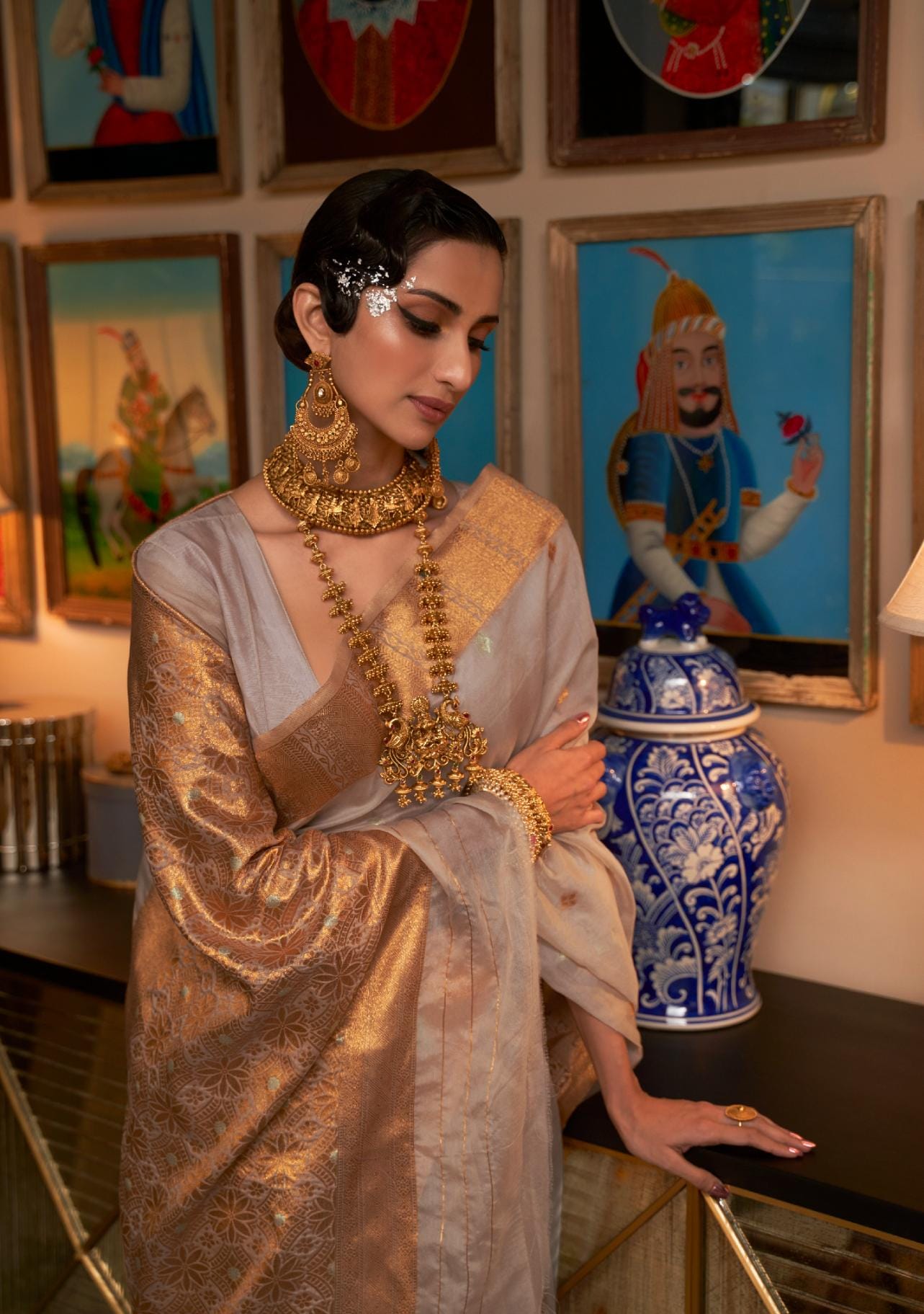 Filtered Grey Copper Zari Woven Modal Silk Saree