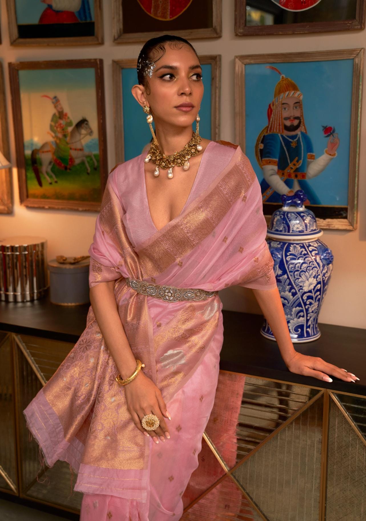 Rose Pink Copper Zari Woven Modal Silk Saree