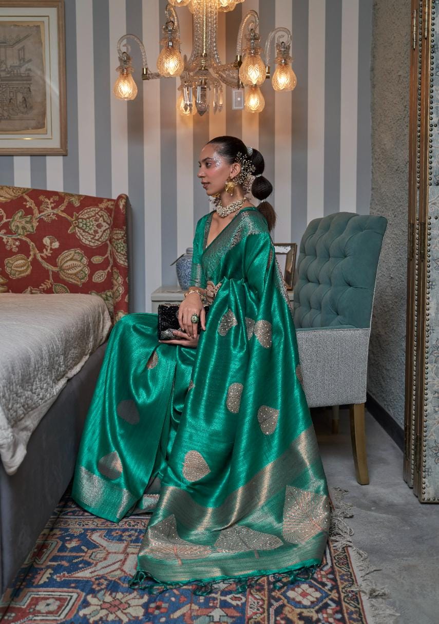 Fern Green Copper Zari Woven Handloom Tussar Silk Saree