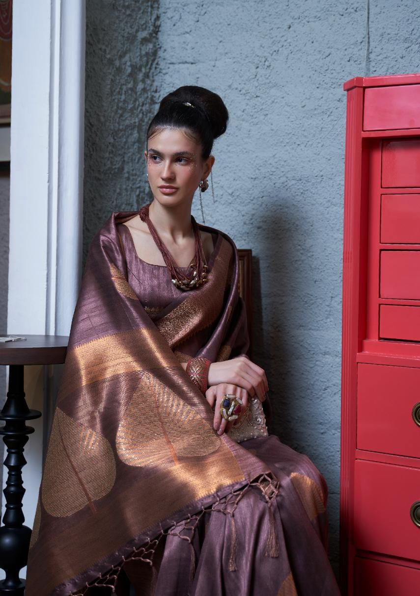 Resin Purple Copper Zari Woven Handloom Tussar Silk Saree