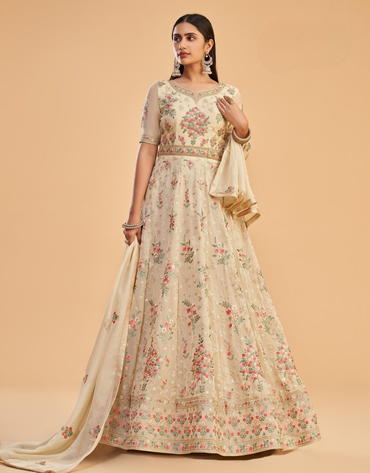 Pale Yellow Embroidered Georgette Anarkali Gown