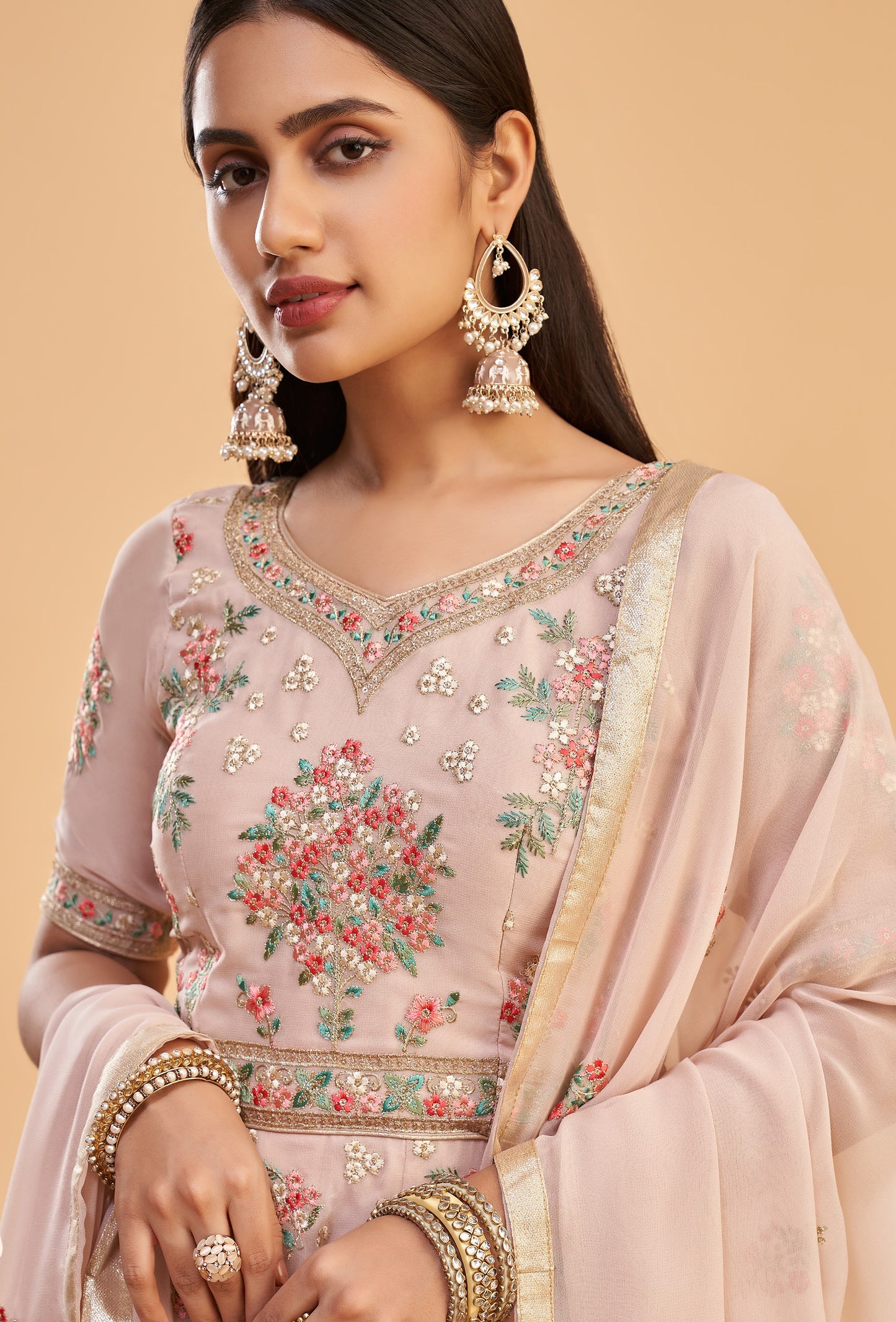 Pastel Pink Embroidered Georgette Anarkali Gown