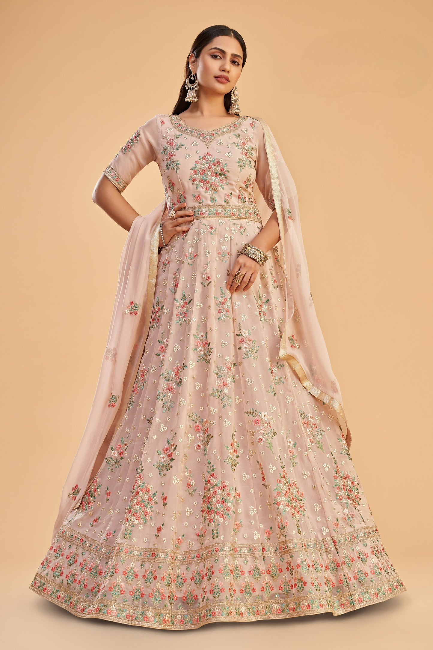 Pastel Pink Embroidered Georgette Anarkali Gown