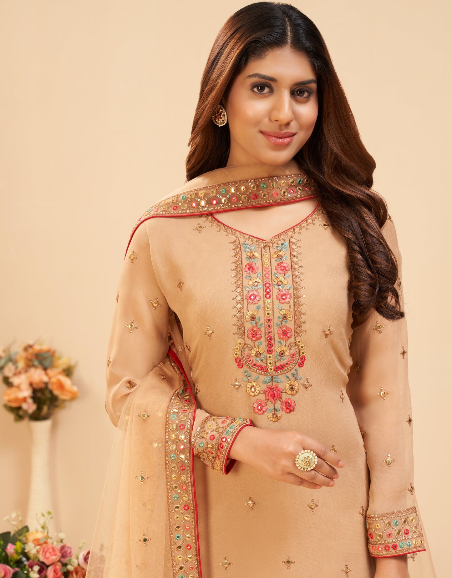 Golden Brown Embroidered Georgette Sharara Set