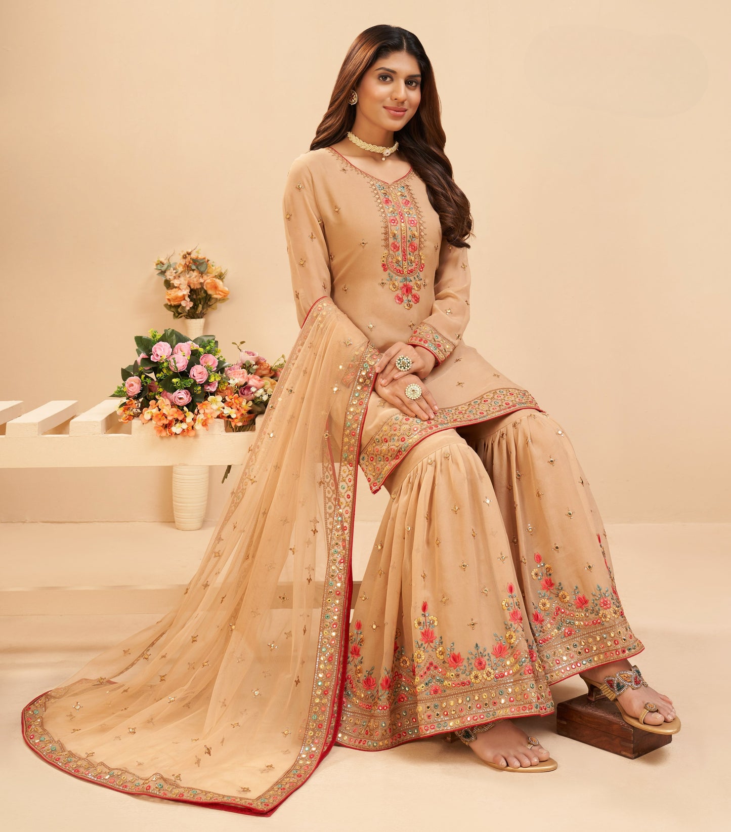 Golden Brown Embroidered Georgette Sharara Set