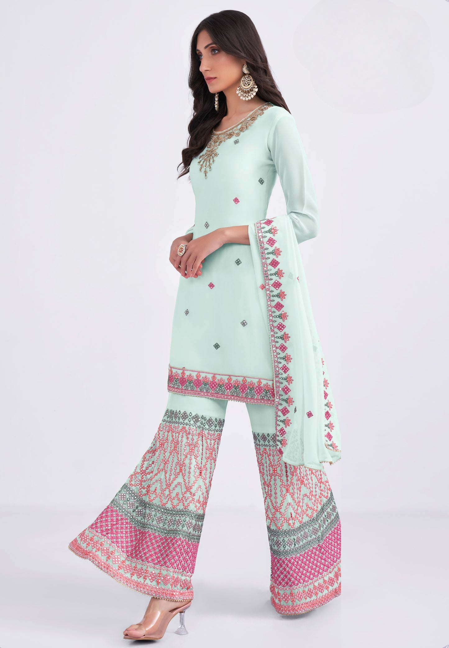 Pastel Blue Embroidered Georgette Sharara Suit