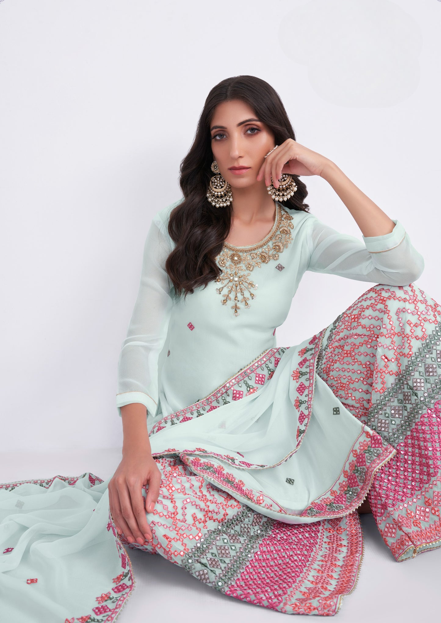 Pastel Blue Embroidered Georgette Sharara Suit