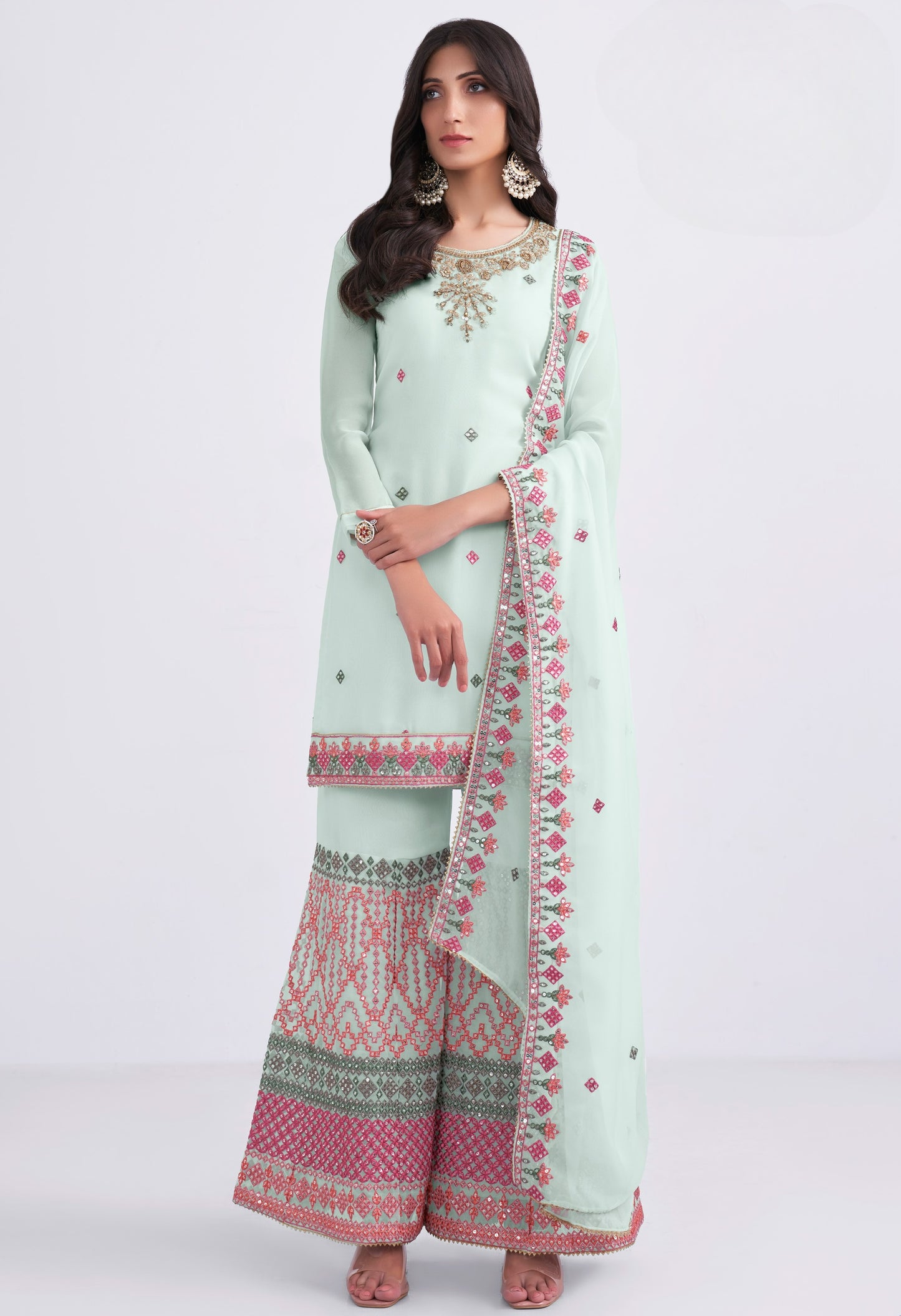 Pastel Blue Embroidered Georgette Sharara Suit
