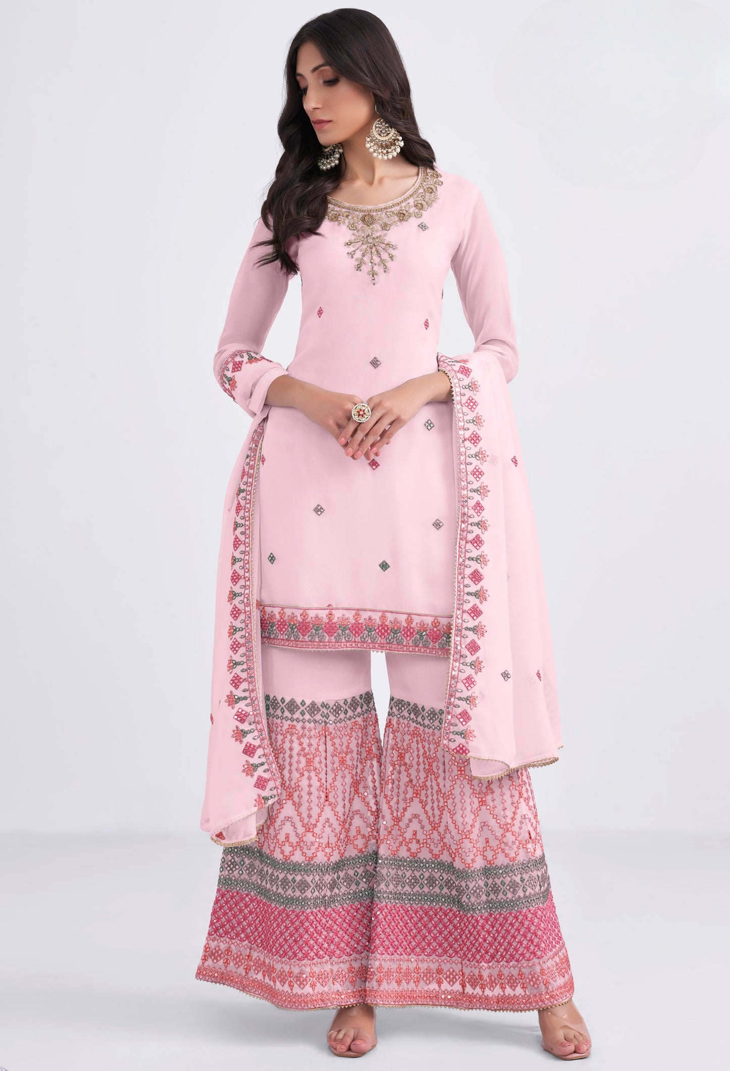 Lemonade Pink Embroidered Georgette Sharara Suit
