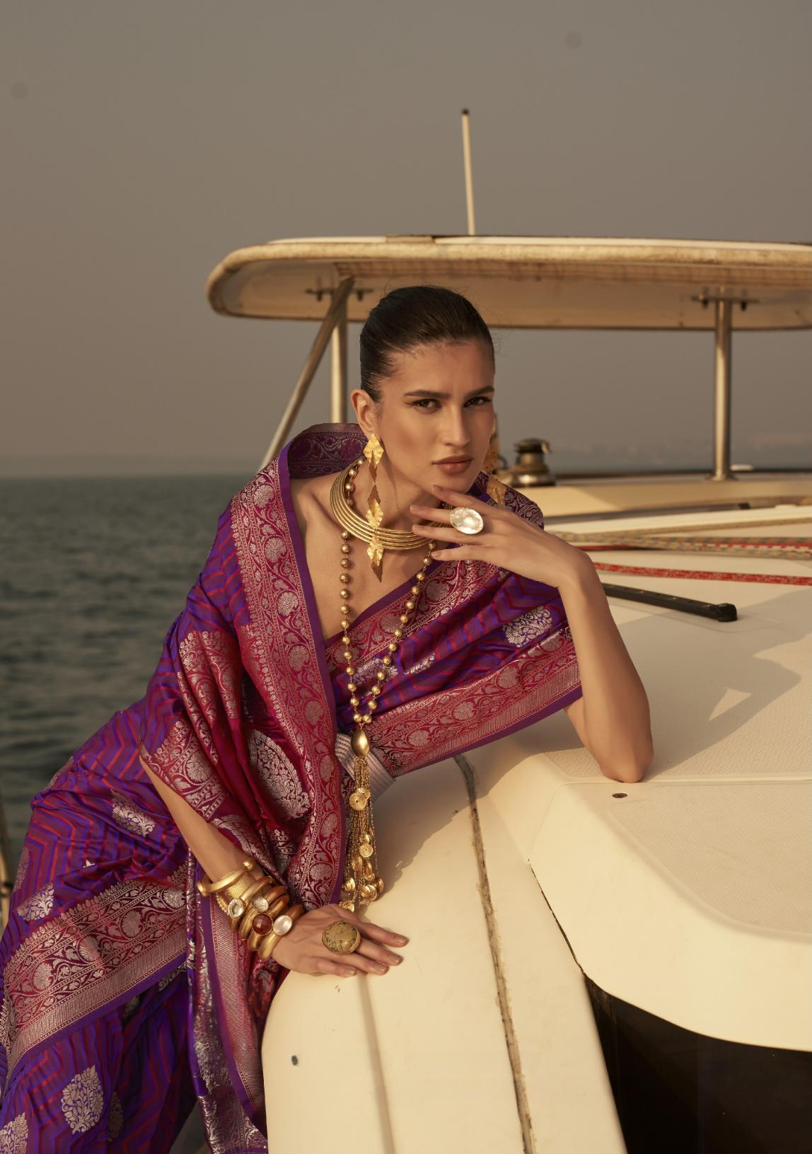 Magenta & Red Dual Shade Chevron Handloom Woven Satin Silk Saree