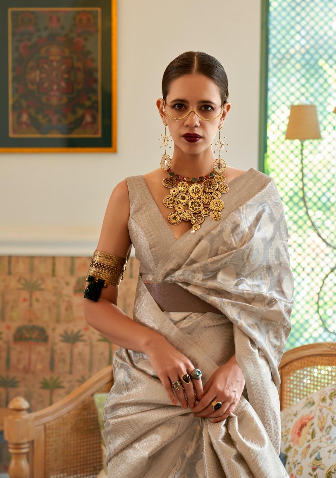 Smoke Grey Tissue Silk Handloom Saree