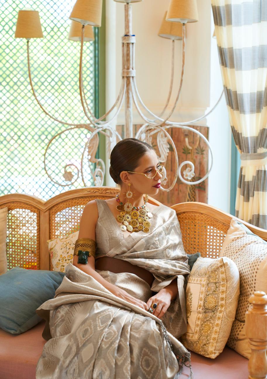 Smoke Grey Tissue Silk Handloom Saree