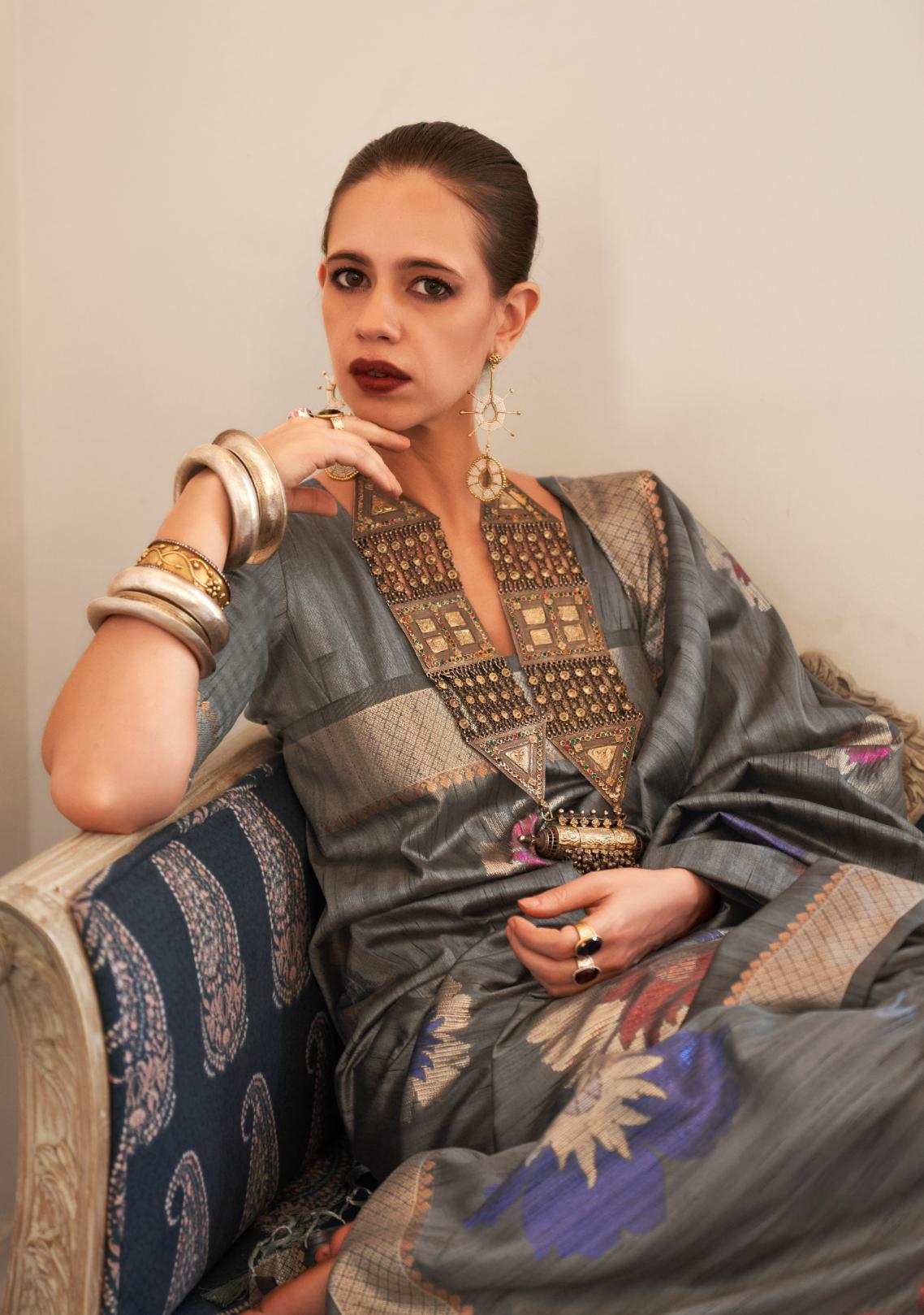 Steel Grey Zari Woven Dahlia Handloom Silk Saree