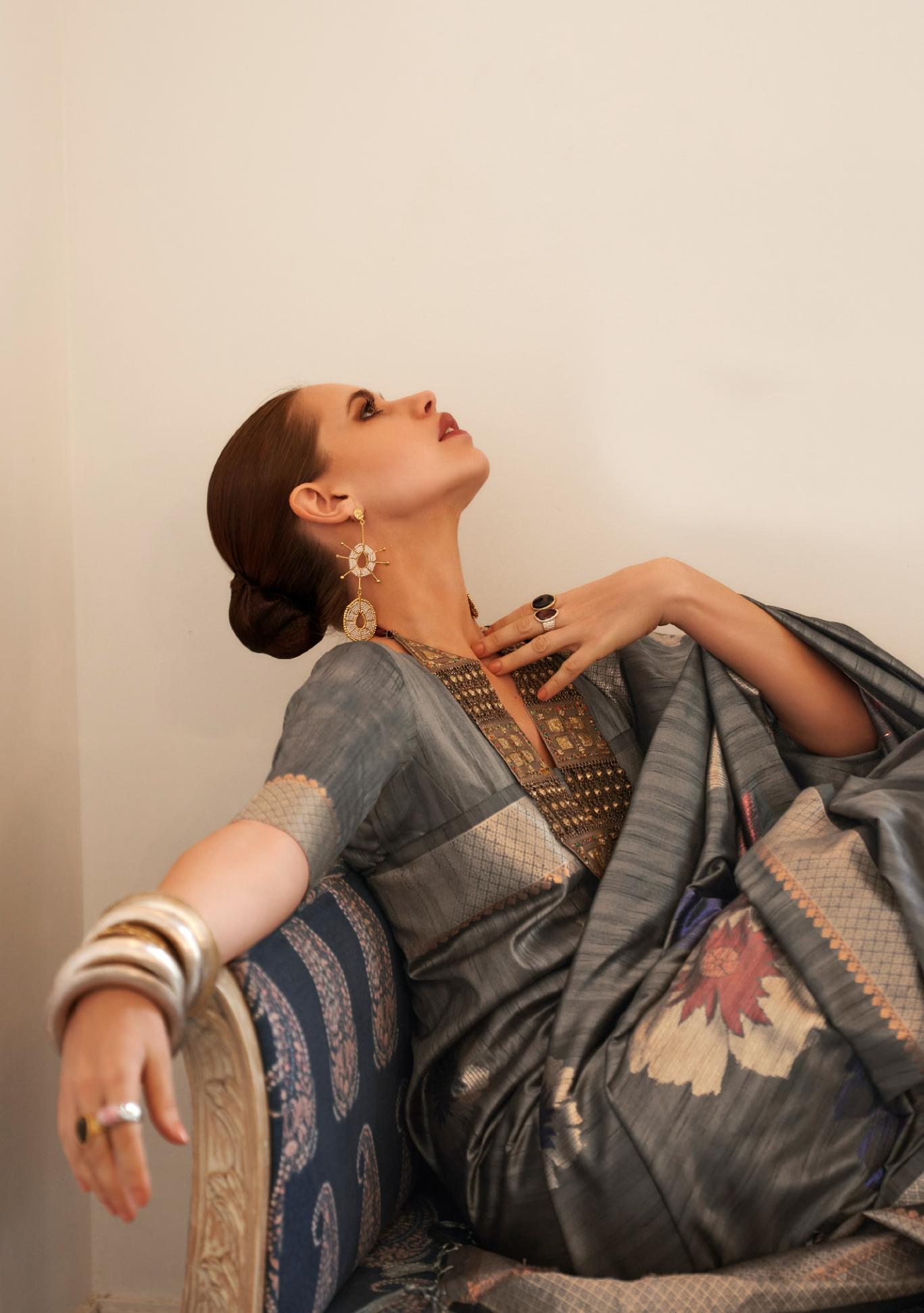 Steel Grey Zari Woven Dahlia Handloom Silk Saree