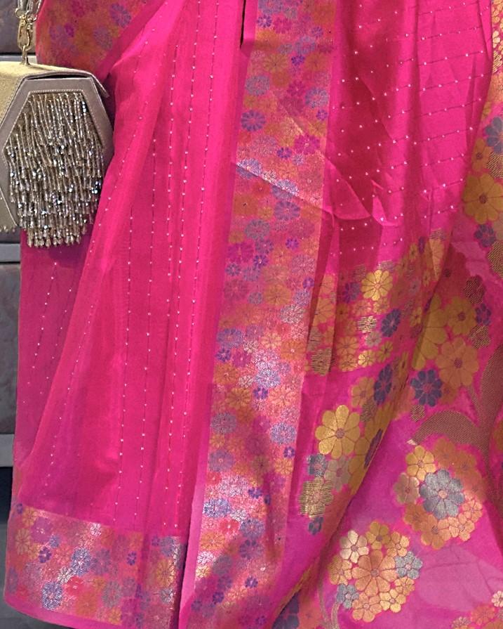 Fuschia Pink Organza Silk Saree With Sequins