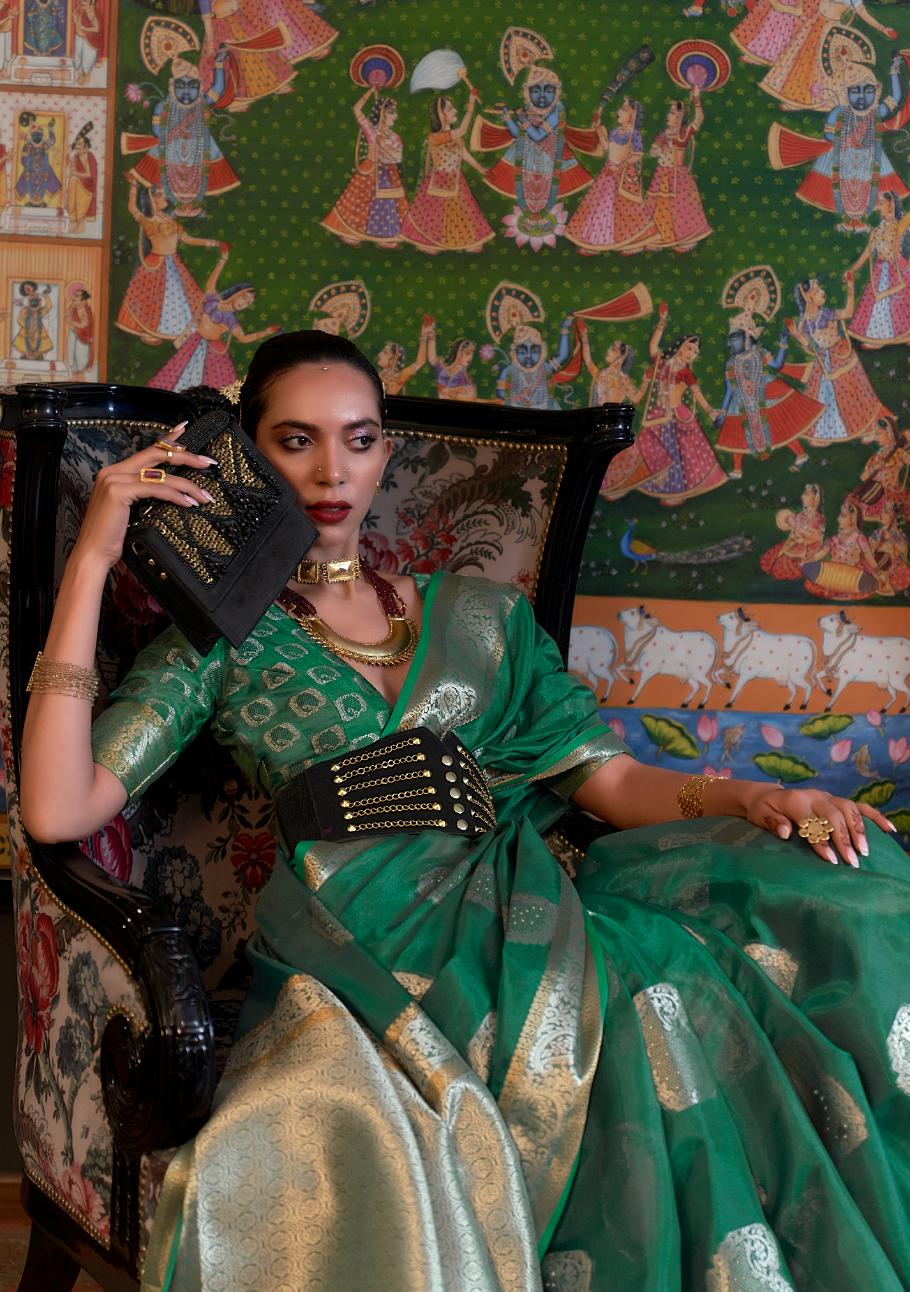 Forest Green Organza Silk Handloom Saree With Sequins