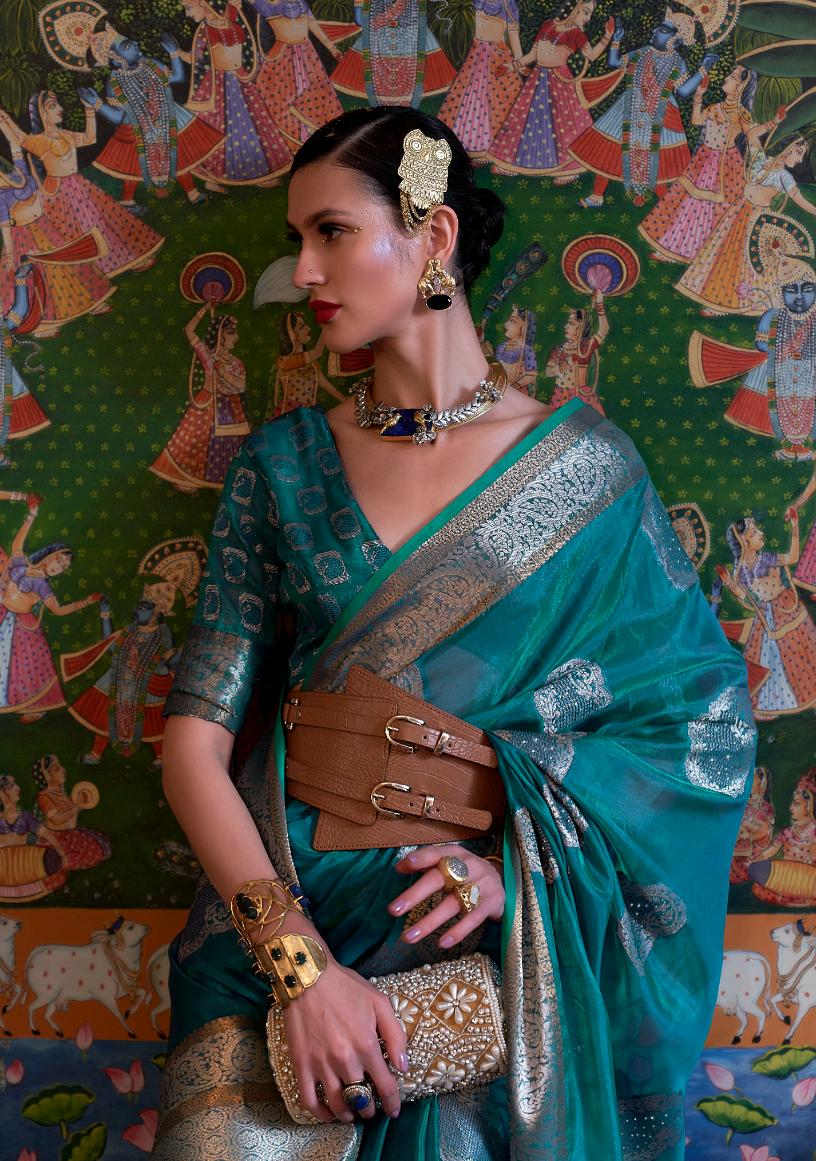 Teal Blue Organza Silk Handloom Saree With Sequins