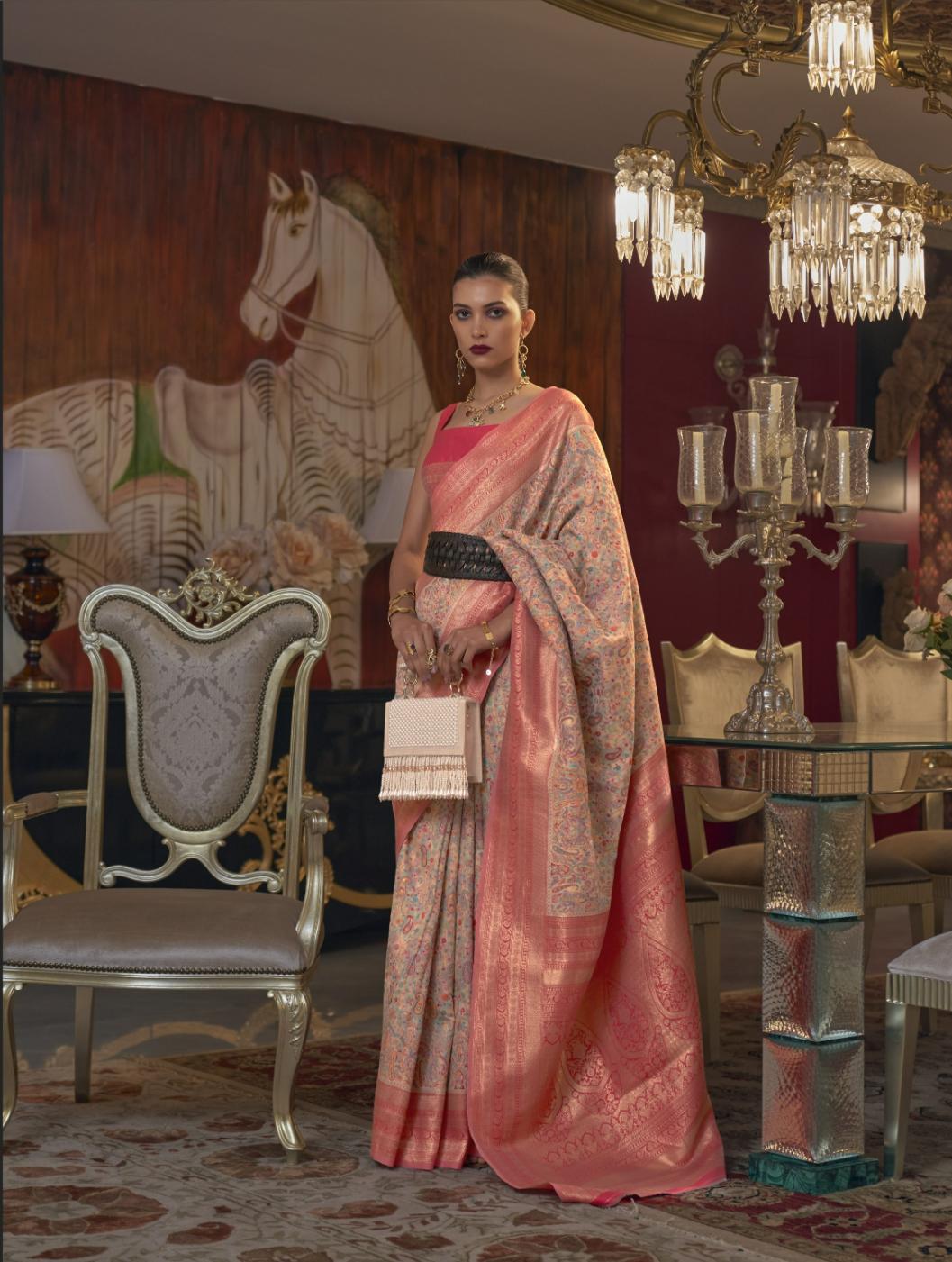 Pale Peach Kashmiri Kani Handloom Woven Silk Saree