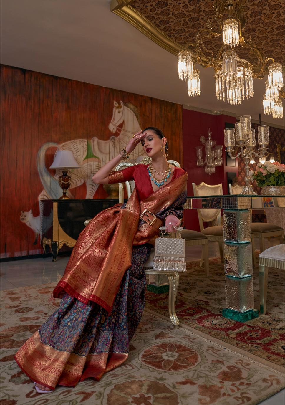 Navy Blue Kashmiri Kani Handloom Woven Silk Saree