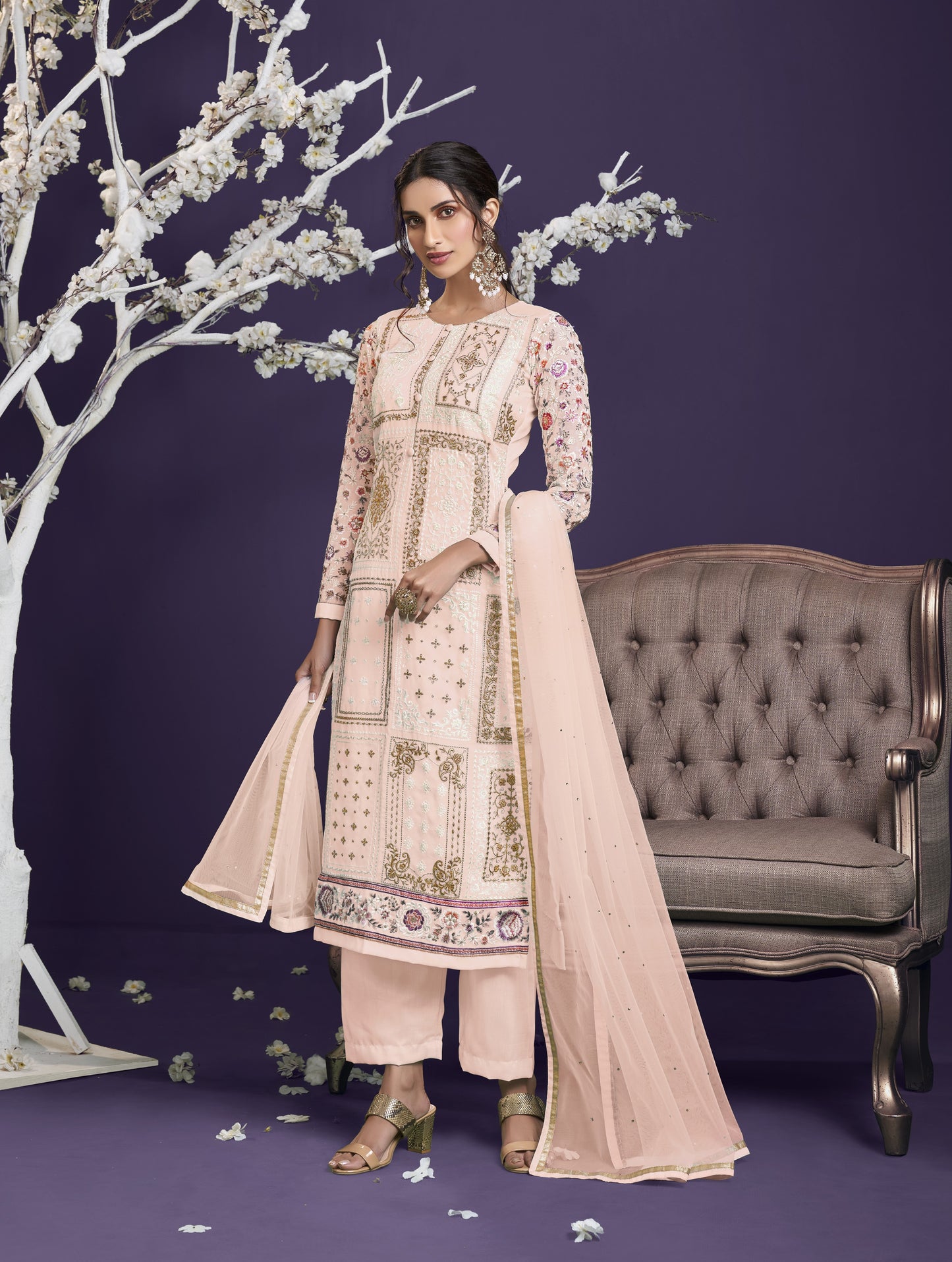 Pewter Peach Heavy Embroidered Georgette Straight Pant Suit