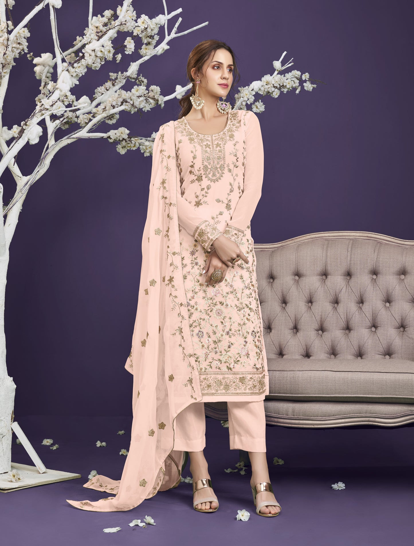 Pastel Peach Heavy Embroidered Georgette Straight Pant Suit