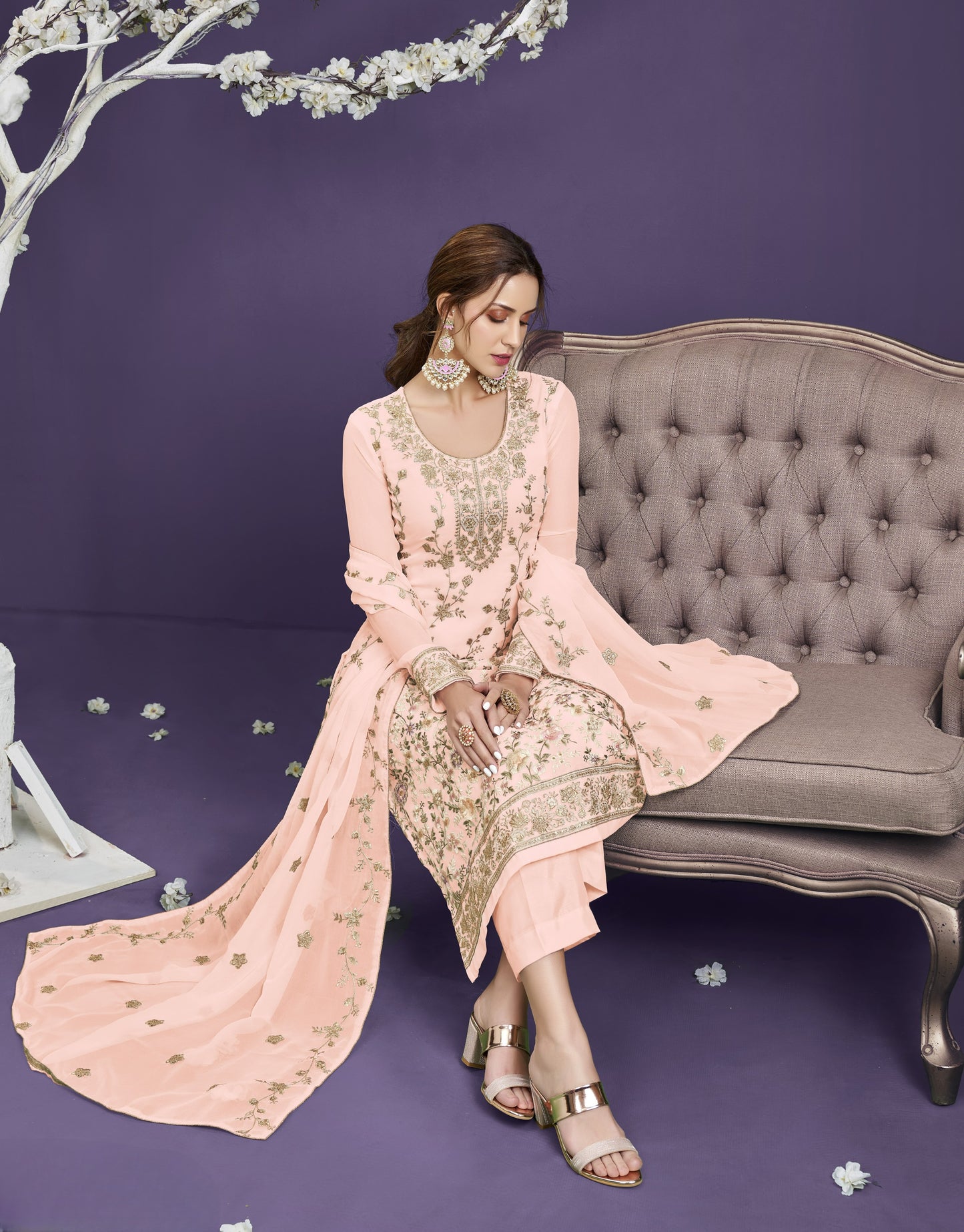 Pastel Peach Heavy Embroidered Georgette Straight Pant Suit