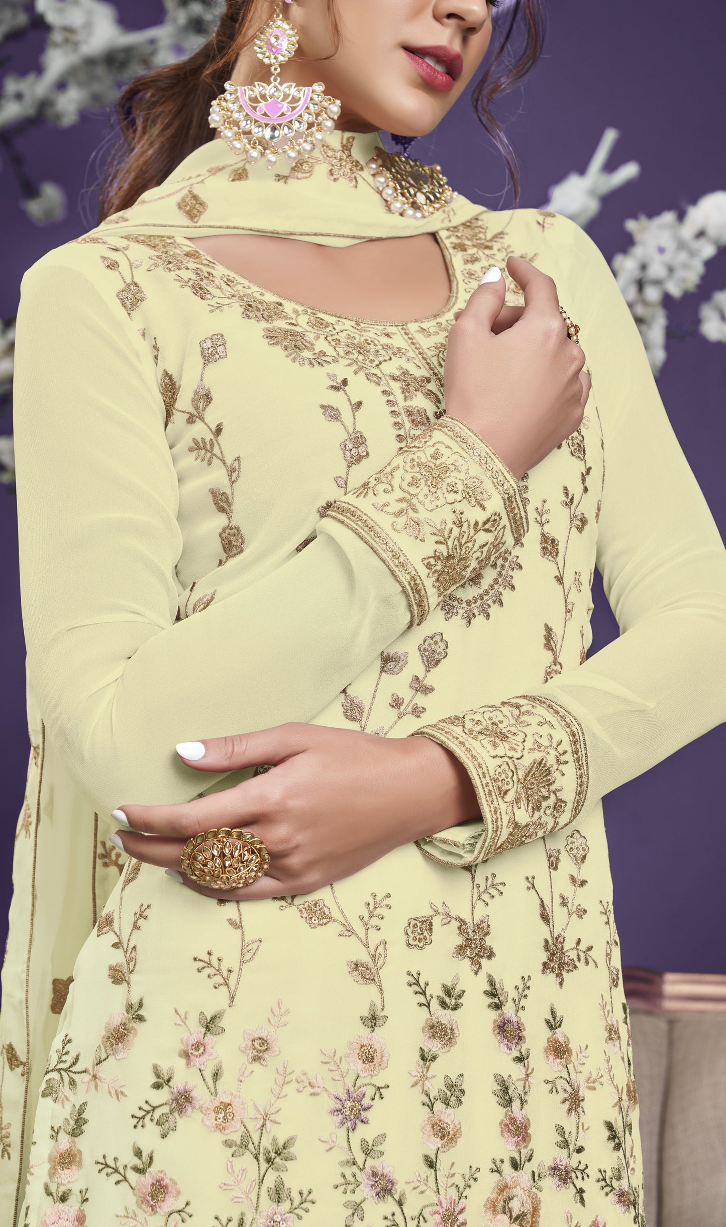 Buttermilk Yellow Heavy Embroidered Georgette Straight Pant Suit
