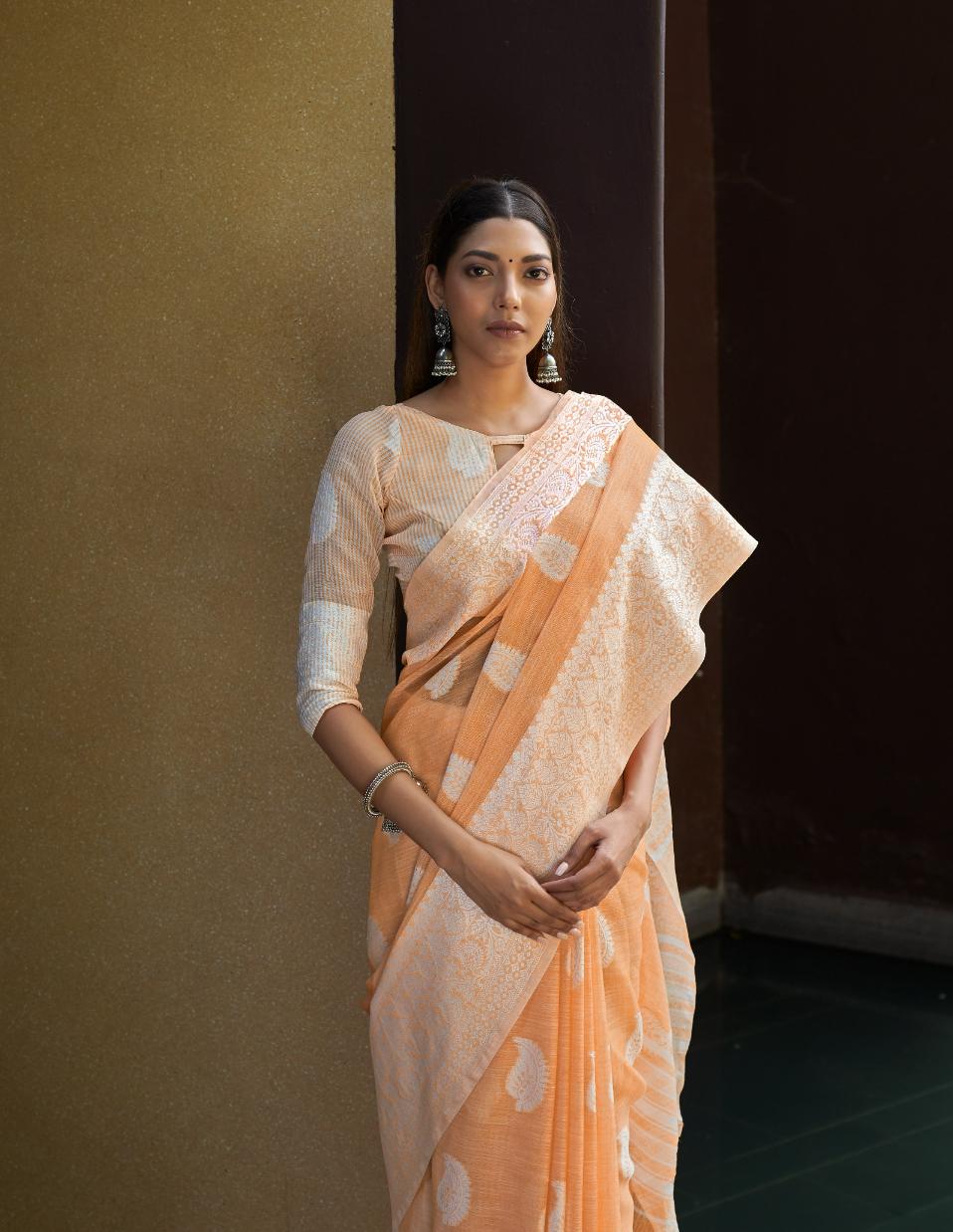 Biscotti Orange Woven Linen Saree