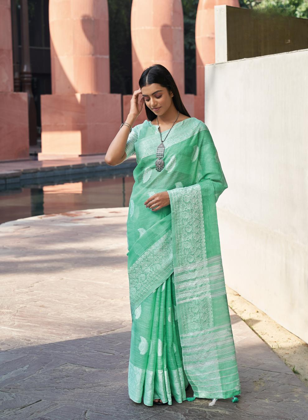 Pear Green Woven Linen Saree
