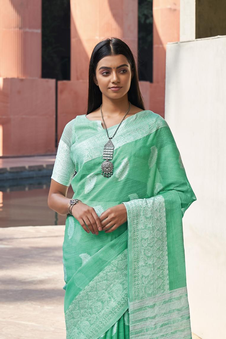 Pear Green Woven Linen Saree