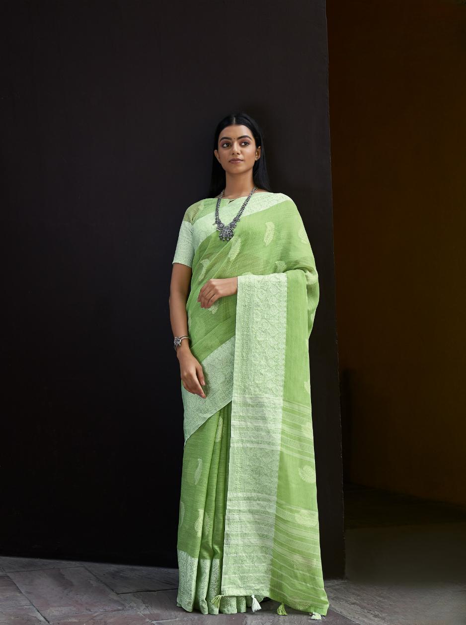 Pista Green Woven Linen Saree
