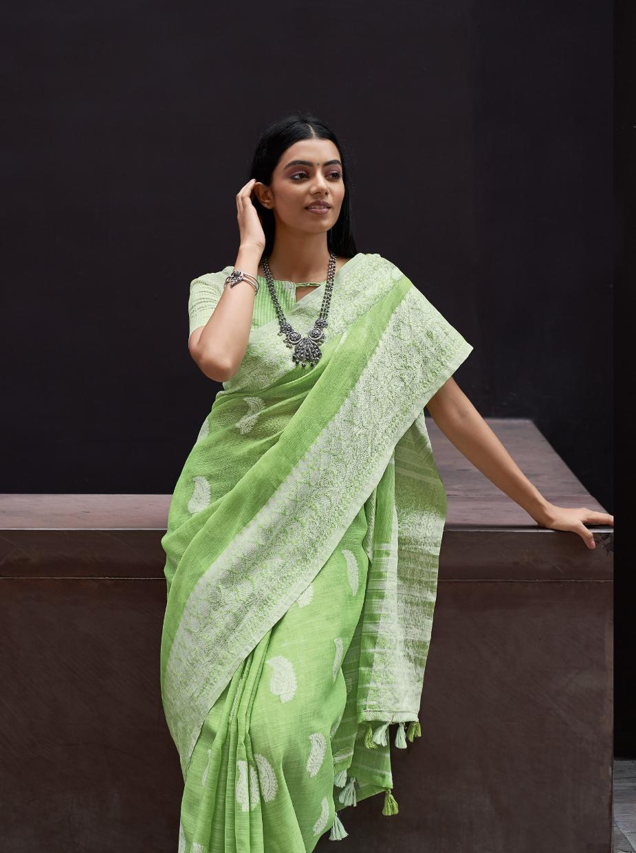Pista Green Woven Linen Saree