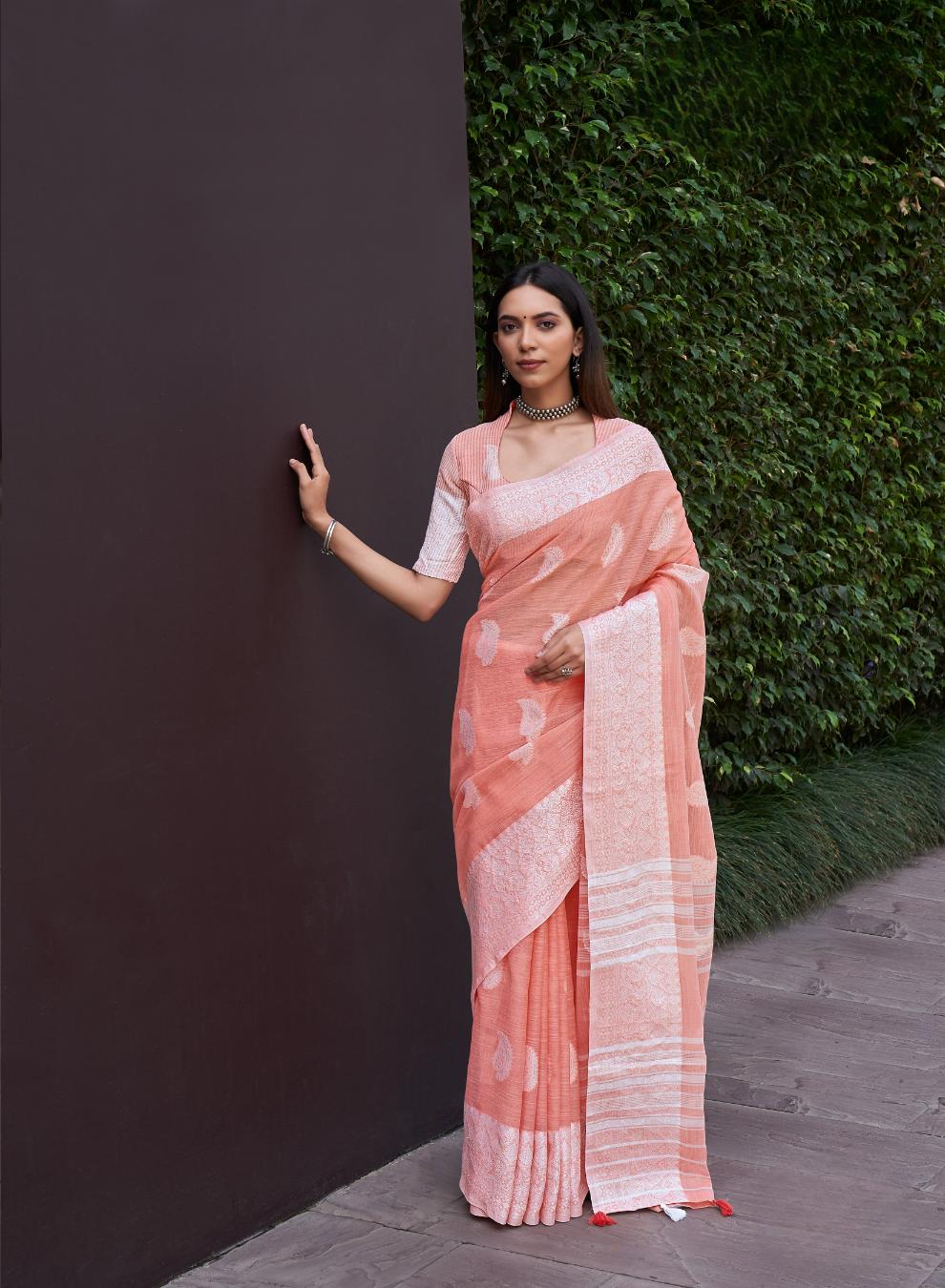 Salmon Peach Woven Linen Saree
