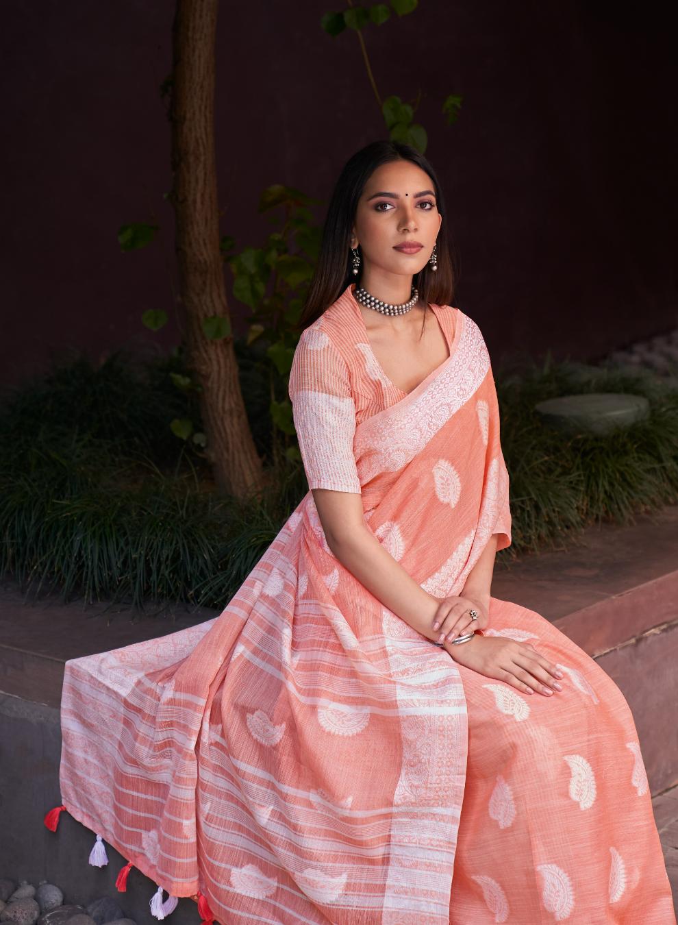 Salmon Peach Woven Linen Saree
