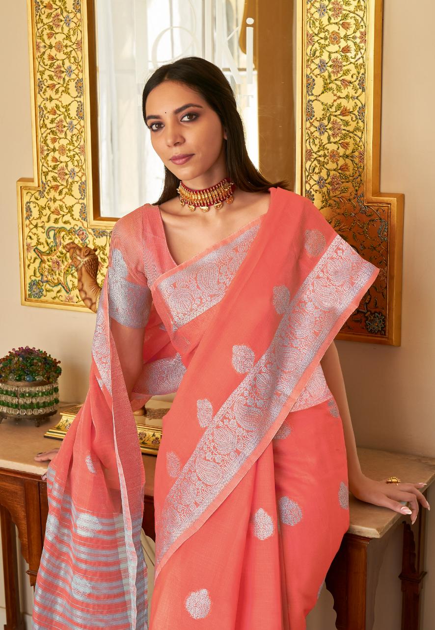Candy Peach Handloom Woven Linen Saree