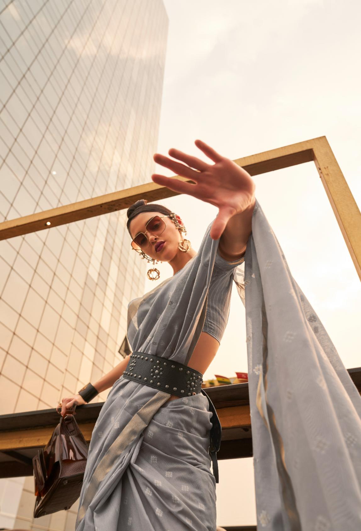 Ash Grey Viscose Linen Handloom Saree With Handmade Tassels