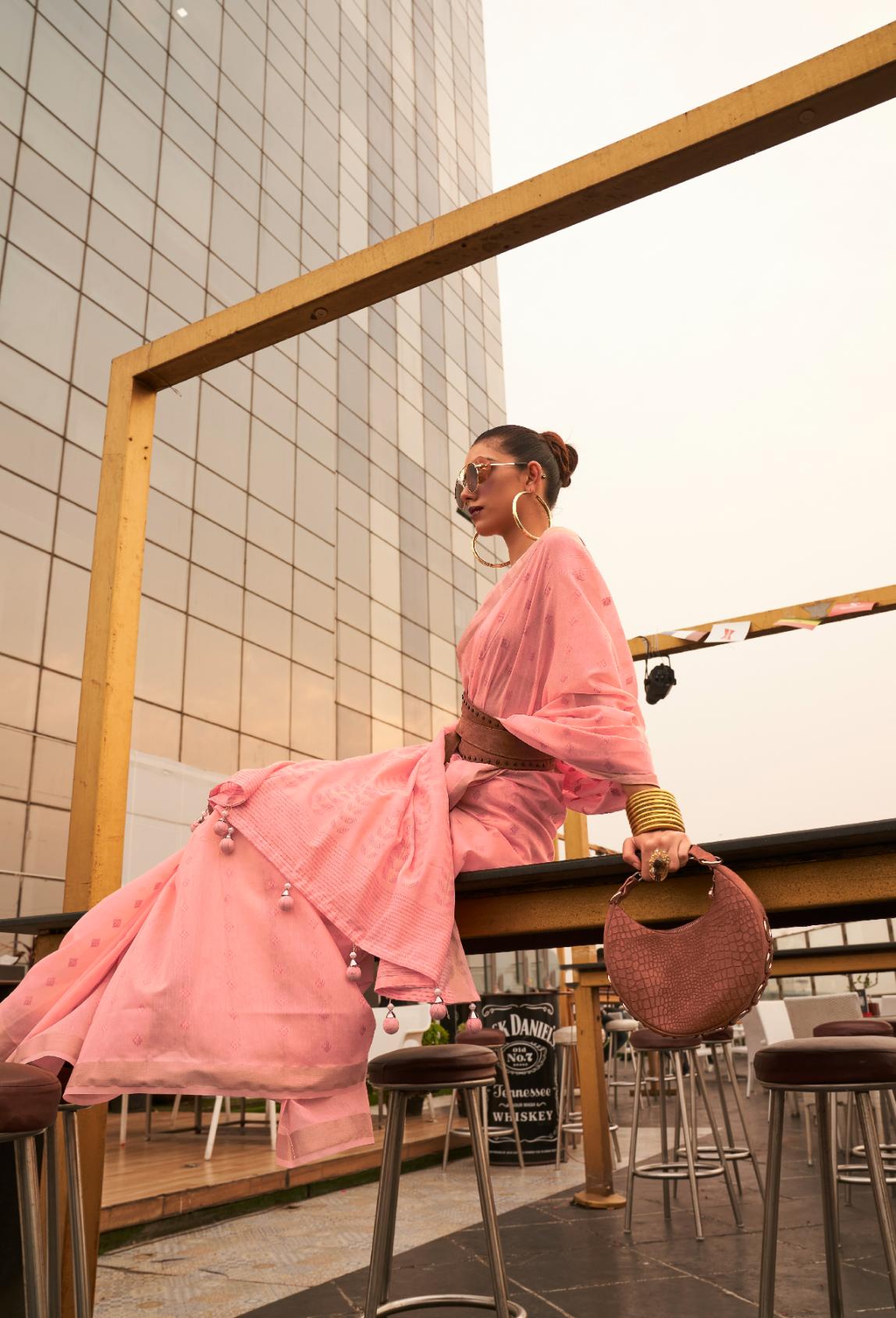 Blush Pink Viscose Linen Handloom Saree With Handmade Tassels