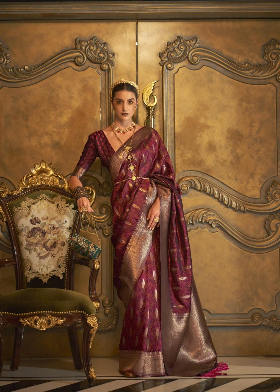 Maroon Elliptic Zari Woven Satin Silk Saree
