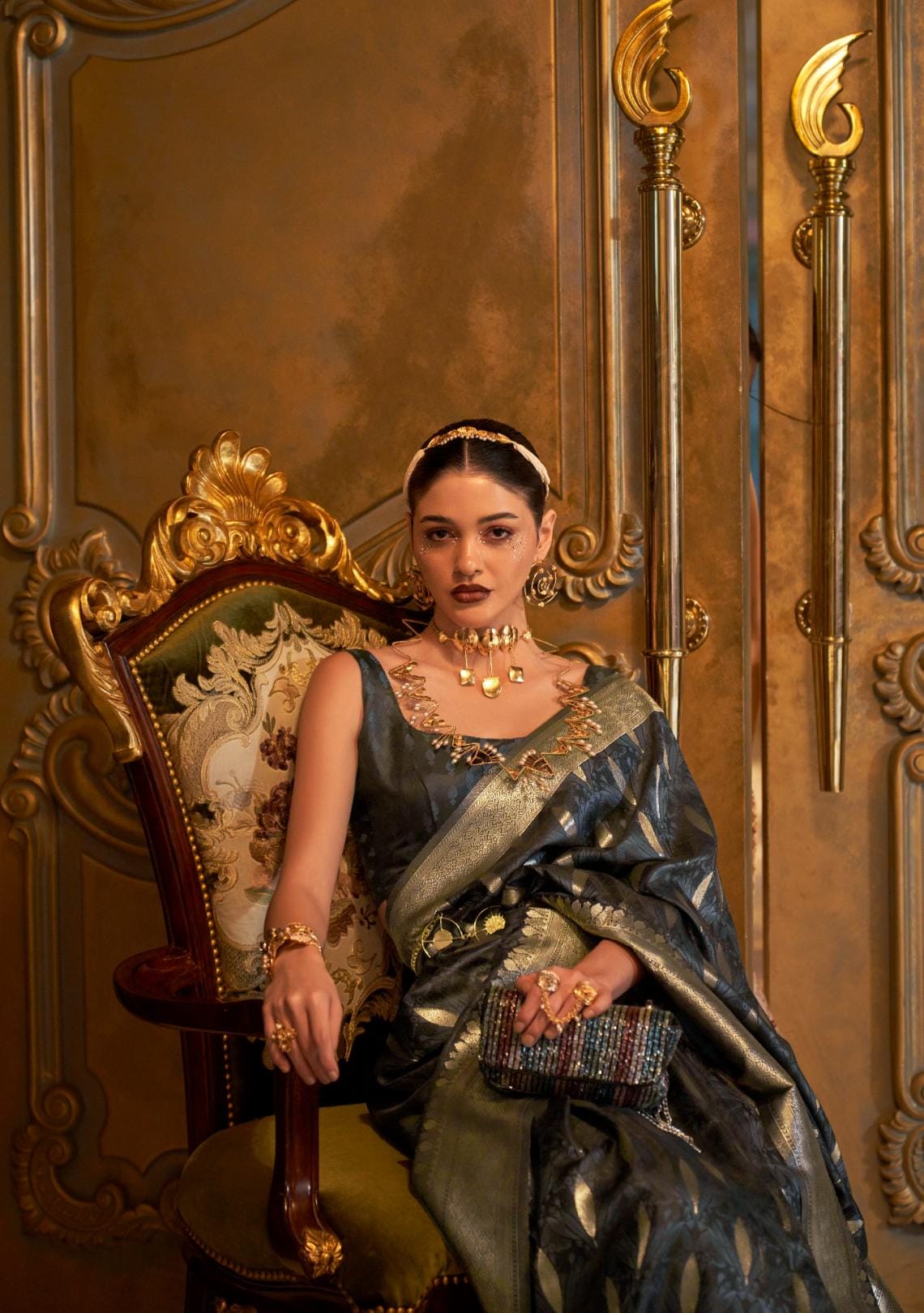 Soot Grey Elliptic Zari Woven Satin Silk Saree