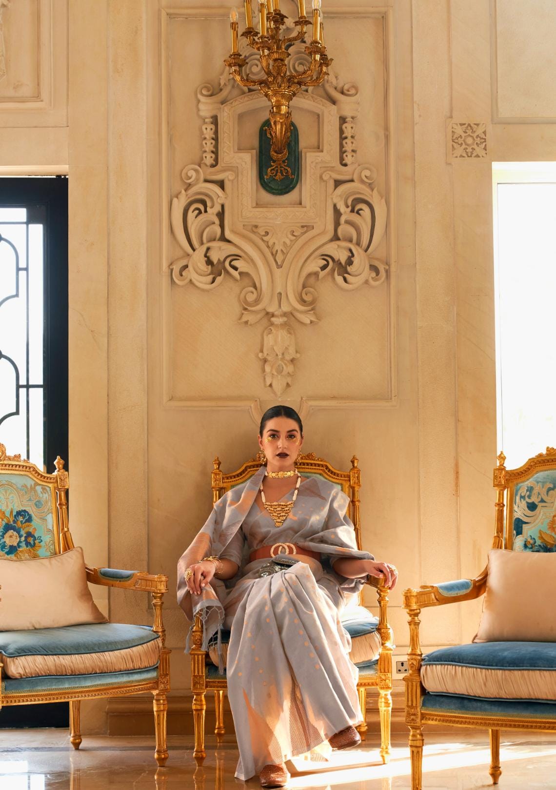 Stone Grey Zari Woven Handloom Silk Saree