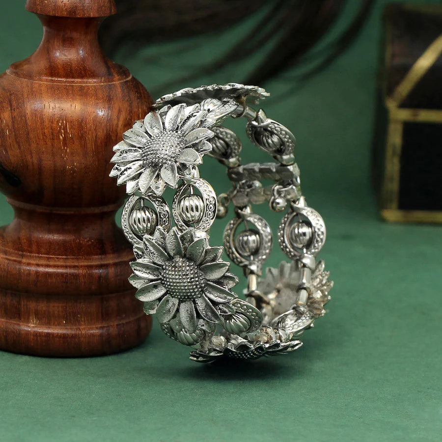 Aafsha Floral Oxidised Silver Adjustable Bracelet