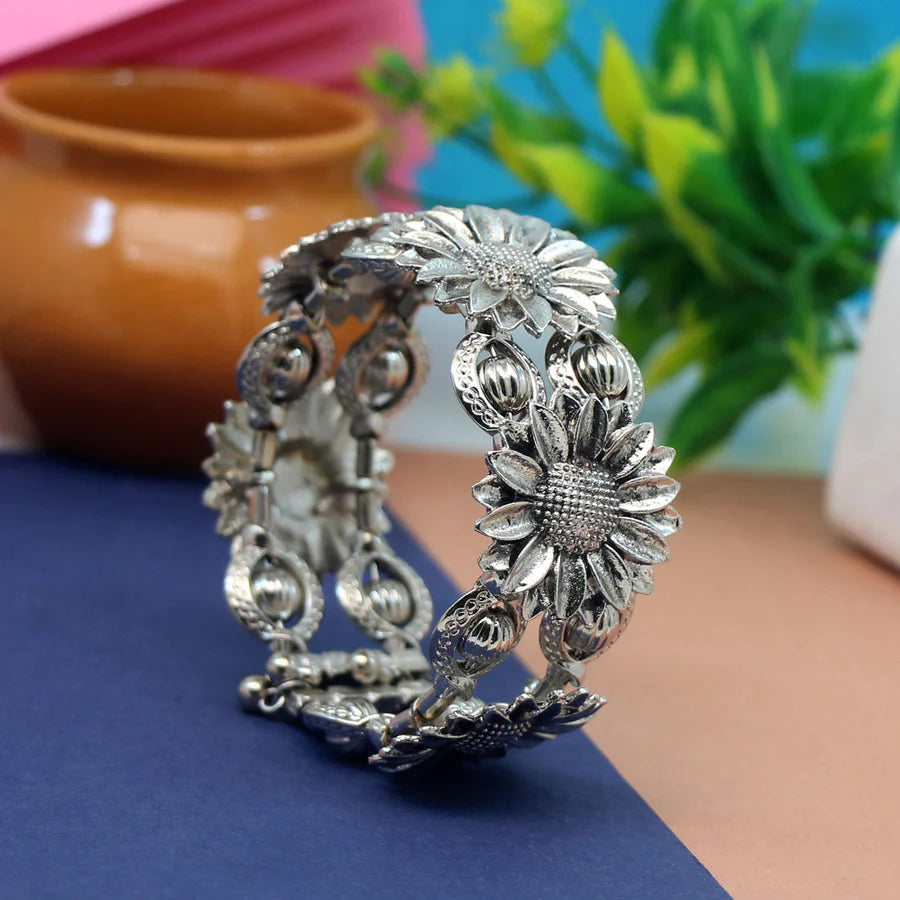 Aafsha Floral Oxidised Silver Adjustable Bracelet