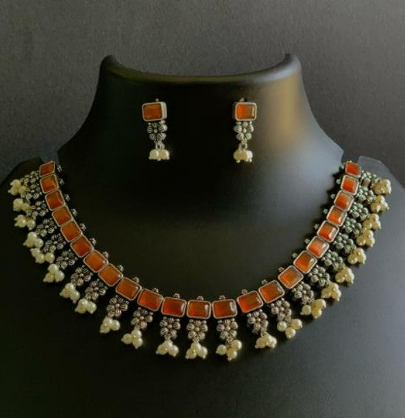 Jaymika Monalisa Stones & Pearls Oxidised Necklace Set
